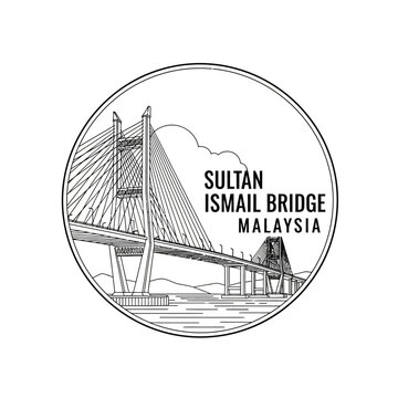 Sultan Ismail Bridge Malaysia Landmark Line Art Emblem