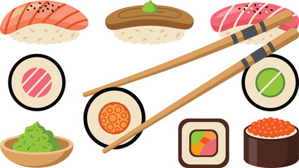 Traditional Japanese Sushi and Maki Roll Vector Set, Asian Seafood Cuisine Elements Isolated on White Background © MeheDi