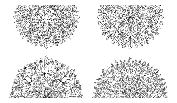Intricate floral mandala half circles set, black and white botanical line art collection, 4 decorative semi-circle flower ornaments for coloring