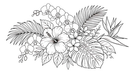 Tropical floral bouquet line art vector, hibiscus and orchid flower arrangement, monstera and palm leaf botanical illustration for coloring book © chasad