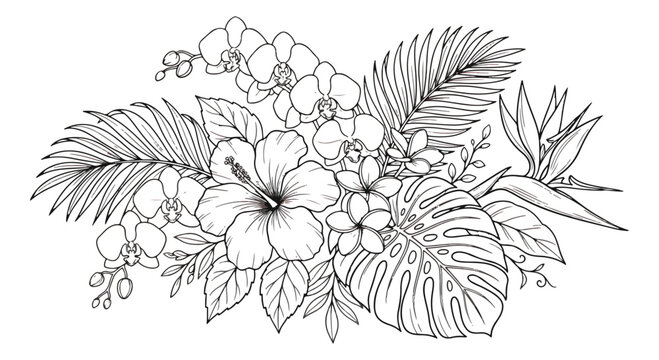 Tropical floral bouquet line art vector, hibiscus and orchid flower arrangement, monstera and palm leaf botanical illustration for coloring book