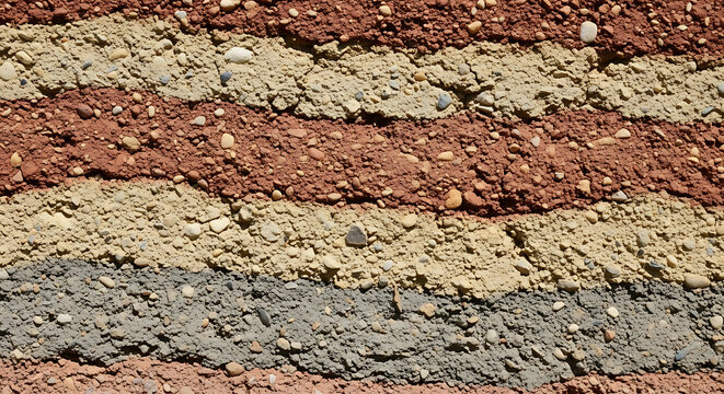 Compact layered rammed earth wall structure showcasing natural ochre tones and organic fine grain texture with earthy sediment for sustainable architectural construction surface background