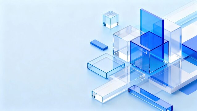Abstract minimal composition of transparent blue and clear glass geometric shapes on light blue background modern clean geometric abstract design for business