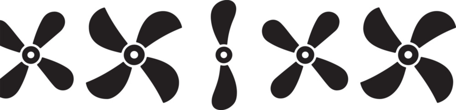 Set of five black fan propellers or blades in different shapes, rotating elements for airflow and ventilation.
