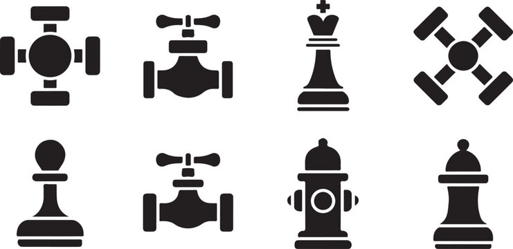 Set of eight industrial valves plumbing pieces chess king pawn and fire hydrant icons isolated on grey background for piping utility.