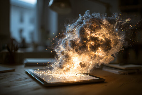 Digital tablet screen exploding with festive golden light and smoke, perfect for holiday technology marketing.