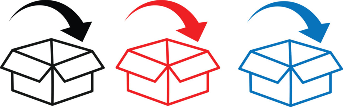 Colorful illustrations of open boxes with curved arrows on white background for business and logistic concepts  simple line art
