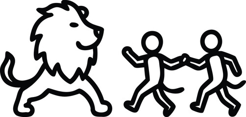 Minimalist stick figure monkey characters holding hands and walking towards a large safari lion vector line icon © Toffzal
