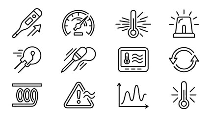 Fototapeta premium Set of black line icons representing temperature control and thermal measurement systems.