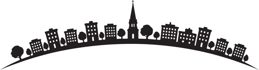 Obraz premium Panoramic black silhouette of cityscape with buildings and church steeple on curved horizon isolated on transparent background.