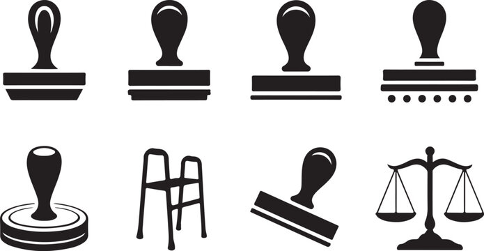 Office stationery stamps and legal scales of justice for official documents validation and fair balance measurement procedures.