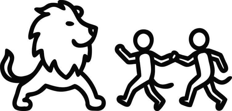 Minimalist stick figure monkey characters holding hands and walking towards a large safari lion vector line icon