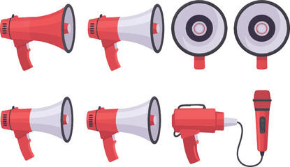 Assorted red handheld megaphones and sound equipment set including microphone for public announcement news and loud communication. © Kamrun82