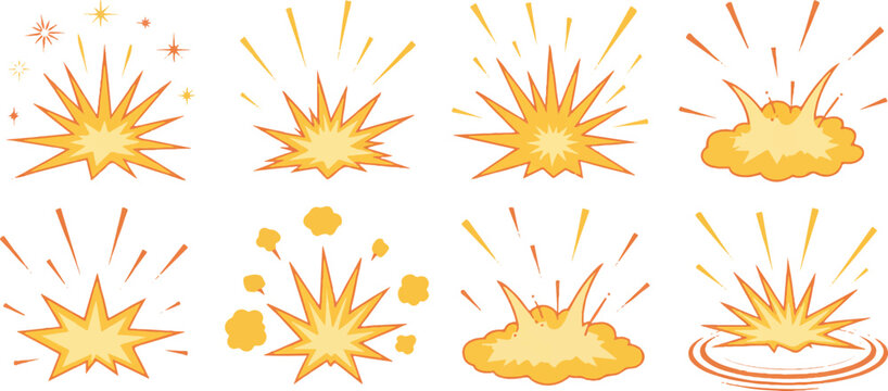 Collection of comic style explosion bursts and dramatic action effects with smoke flashes and power sparks on transparent background.