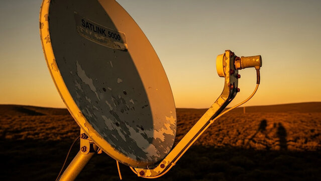 Close up view of an old weathered satellite dish against a brilliant golden sunset sky