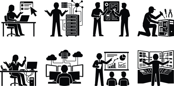 IT Infrastructure and Network Management Silhouette Icons Set for Technology Operations