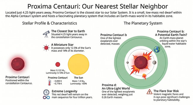 Educational infographic exploring Proxima Centauri, the Sun's closest stellar neighbor, its properties, planets, and significance.