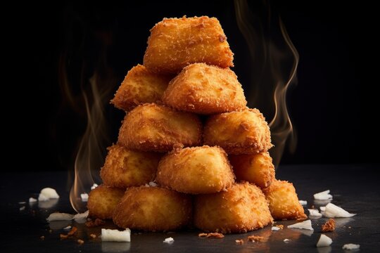 Delicious golden coconut macaroons stacked in a pyramid shape with steam rising