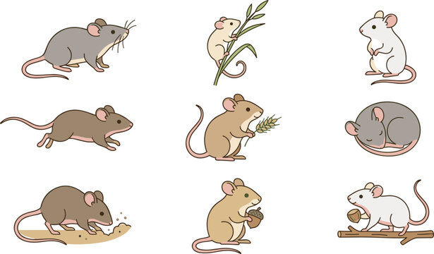 Cute Field Mice and Harvest Mice Vector Set, Tiny Woodland Rodents Cartoon Illustrations Isolated on White Background