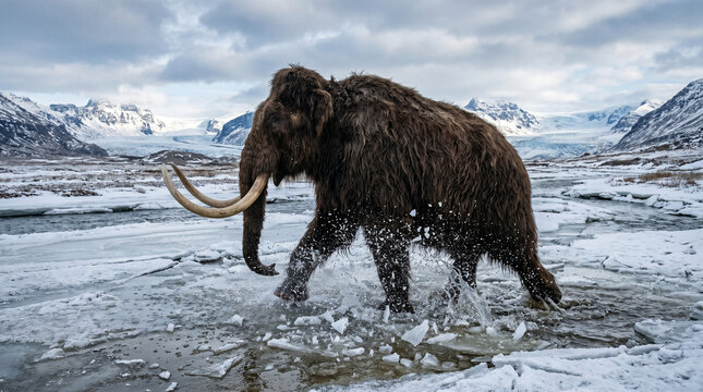 Majestic Woolly Mammoth Striding Through Icy Waters in a Frozen Arctic Landscape with Snow Capped Mountains and Glaciers Under a Cloudy Sky Representing Prehistoric Wildlife and Ice Age Survival