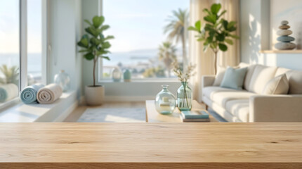 Fototapeta premium Empty Wooden Table Surface with Blurred Coastal Living Room Interior for Product Mockup Display and Background Header.