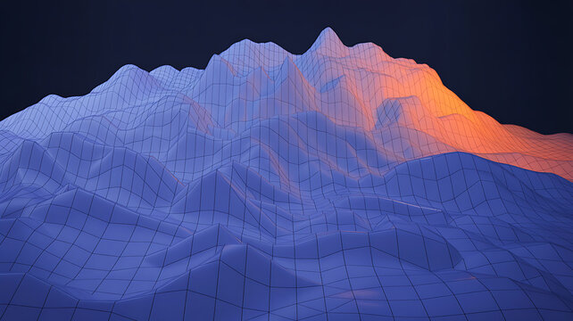 Low poly mountain terrain topography map with night lighting, mountain