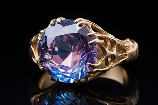 Luxurious gold ring featuring a large multi colored faceted gemstone on a reflective dark background