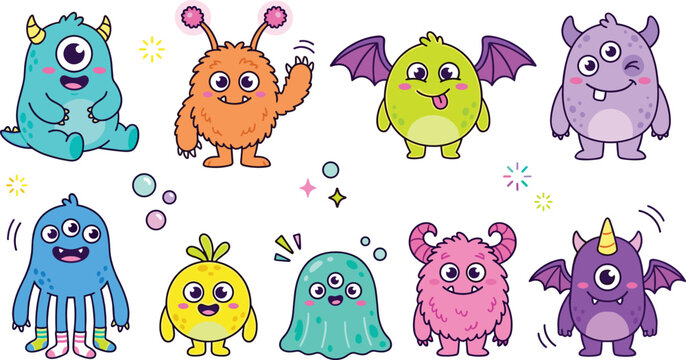 Cute Kawaii Monster Characters Collection Featuring Colorful Fantasy Creatures Aliens Cyclops Bat Winged Monsters and Cartoon Mascots