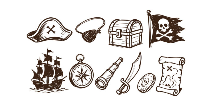 pirate elements and maritime adventure doodle icon set with hat eye patch treasure chest jolly roger flag sailing ship compass spyglass sword coin and map vector illustration