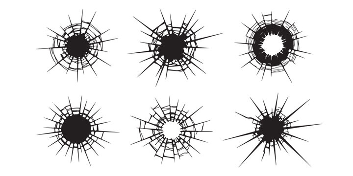 Set of six black vector bullet hole icons showing cracked glass and shattered window patterns