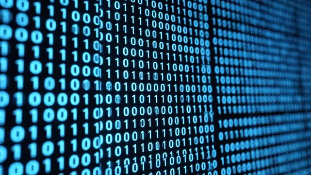 Blue binary code computer data stream.