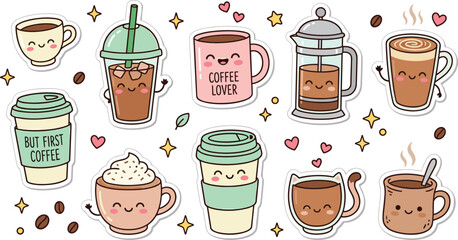 Cute Coffee Characters Sticker Pack Vector Set, Kawaii Cafe Mascot Cartoon Illustrations Isolated on White Background © MeheDi