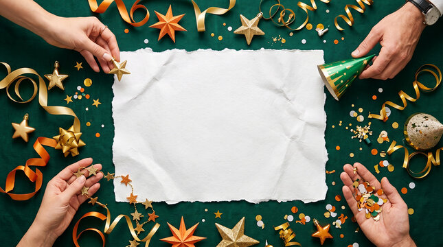 Festive Celebration Blank Paper Mockup, Christmas Party Invitation Template with Hands, Holiday Greeting Card Background with Confetti, New Year Celebration Decorative Flat Lay, 