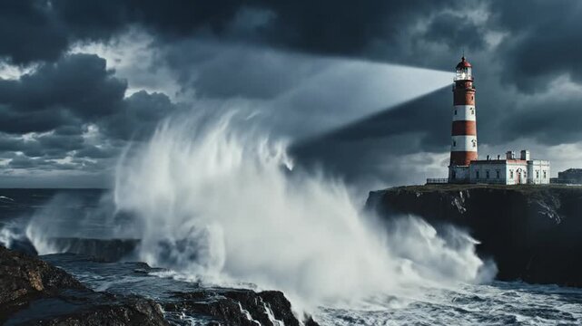 Lighthouse shining beam over rough sea waves during a storm at night