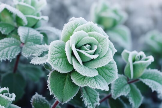 Nature's green leaves are covered with delicate white ice crystals during winter's cold