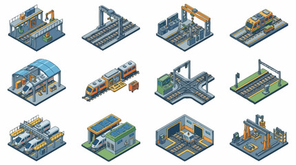 Isometric collection of industrial factory and train station elements in a clean, modern style. © Ridwan