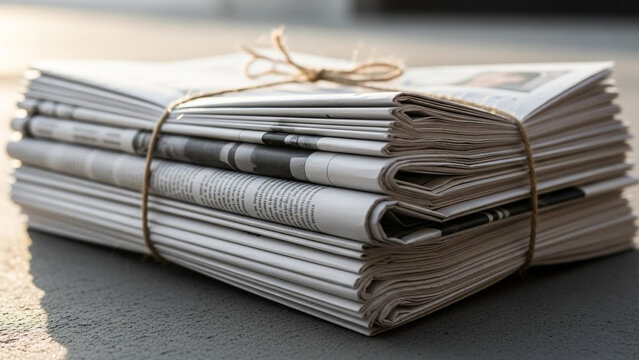 Stack of folded newspapers tied with twine on a sidewalk in morning light, concept of journalism and daily news delivery.