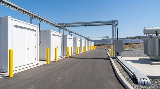 Battery storage containers along solar energy service lane