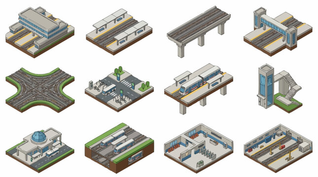 Isometric City Elements Collection: Buildings, Transport, and Infrastructure.
