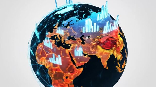 Blue digital globe showing global network connections on white.