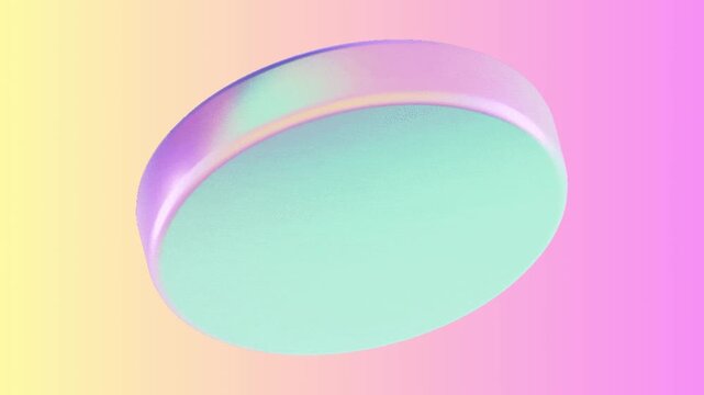 Abstract 3D iridescent disc floating on a pink and yellow gradient background with holographic pastel textures