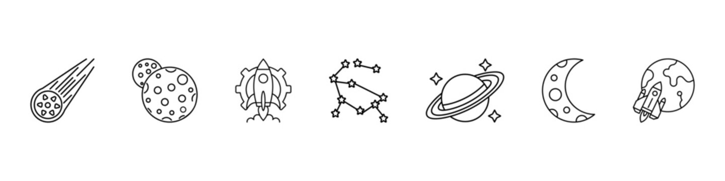 Space Objects and Celestial Symbols Outline Icon Collection. Features meteorites, asteroid, alien head, constellation, ringed planet, crescent moon, and cratered moon surface elements.