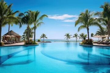 Fototapeta premium Infinity pool overlooking the ocean, surrounded by palm trees and lounging areas at a tropical resort