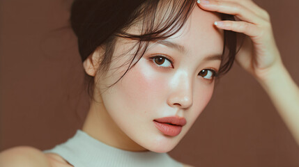 Naklejka premium Natural beauty portrait of young Asian woman with glowing skin and minimal makeup