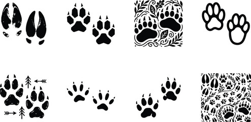 Animal tracks and wildlife paw prints silhouette collection featuring deer hooves bear claws wolf tracks and forest seamless pattern © Sirajul