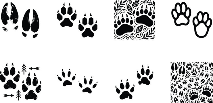 Animal tracks and wildlife paw prints silhouette collection featuring deer hooves bear claws wolf tracks and forest seamless pattern