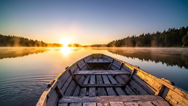 Solitary wooden rowing boat floating on a calm lake at dawn with morning mist rising from the water surface, mirror reflection of hills and purple orange sunrise sky in background.