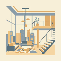 Modern loft apartment interior with city view illustration © ahcmad