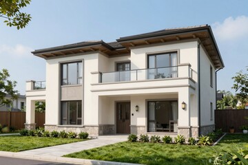 Fototapeta premium Modern Two-Story House Exterior, Bright Day