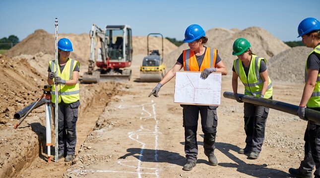 Women Trades Crew Installing Utility Conduit At Infrastructure Site